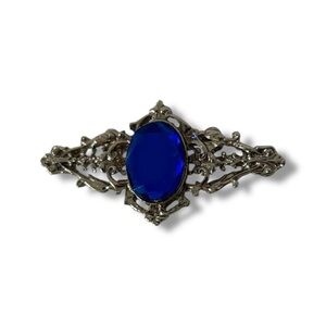 Vintage 80’s Silver Brooch Pin with Deep Blue Gem